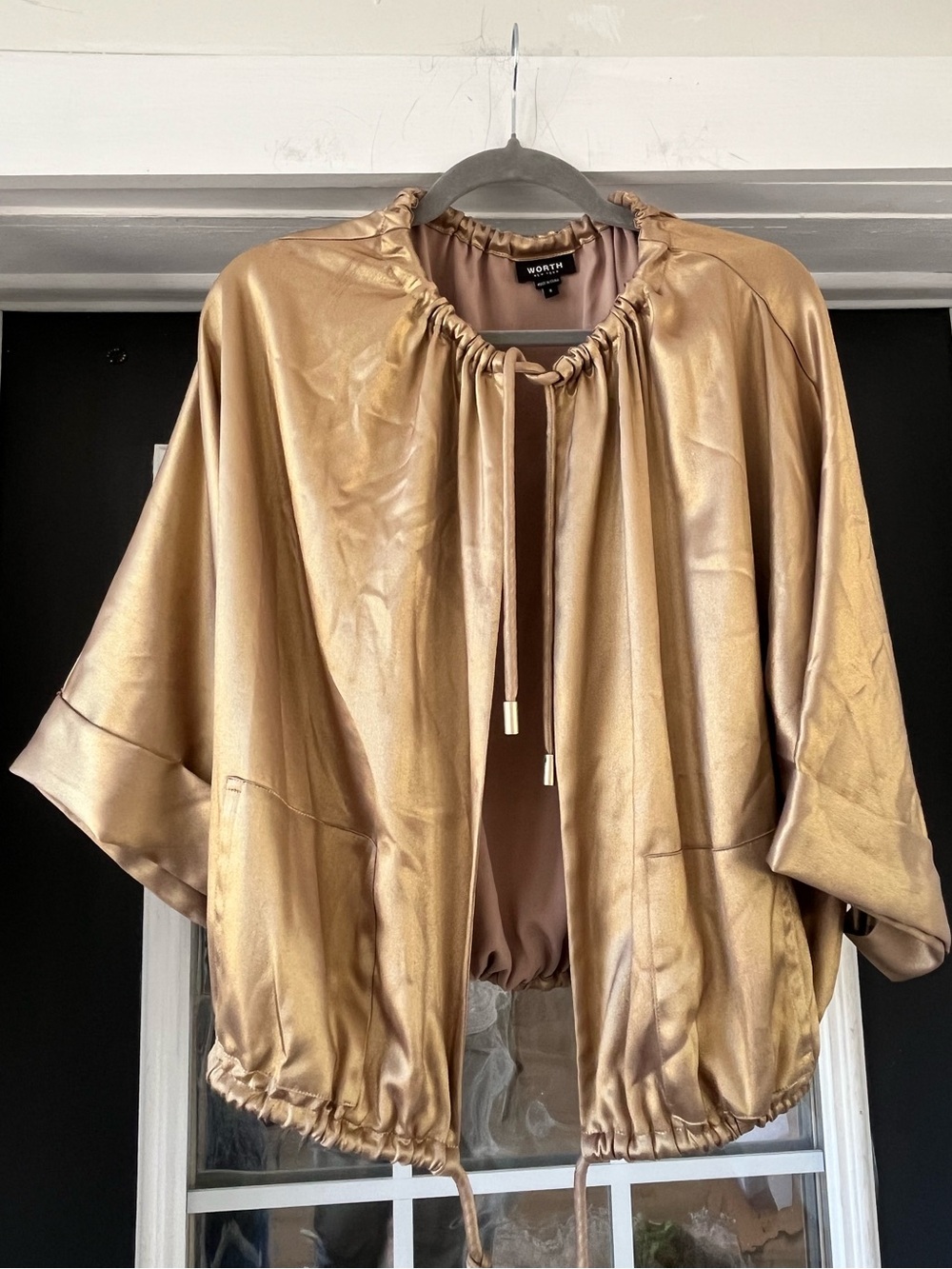 Worth New York metallic champagne ruched-neck batwing cape jacket